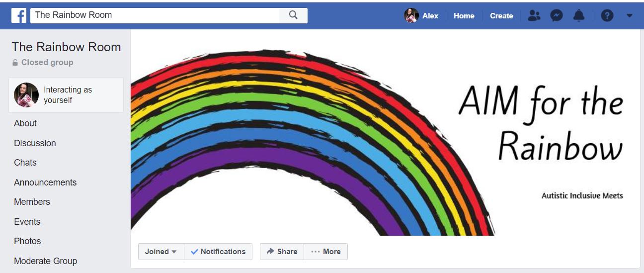 Screenshot of a closed Facebook group called The Rainbow Room showing the header image which is an AIM for the Rainbow graphic